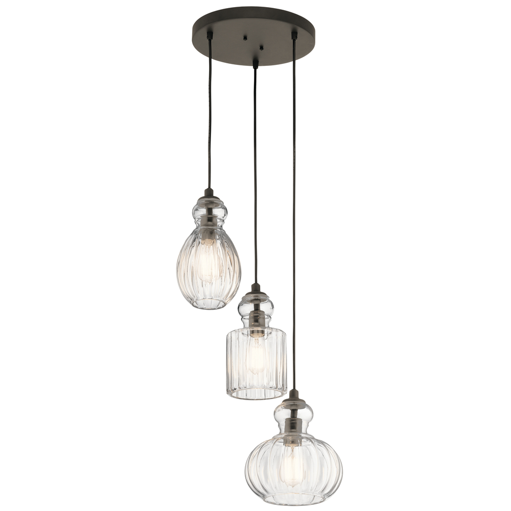 Riviera 10.25" 3 Light Pendant with Clear Ribbed Glass in Olde Bronze