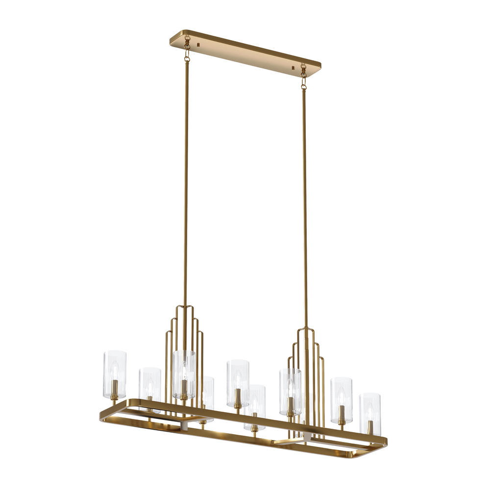 Kimrose 10 Light Linear Chandelier with Clear Fluted Glass in Brushed Natural Brass