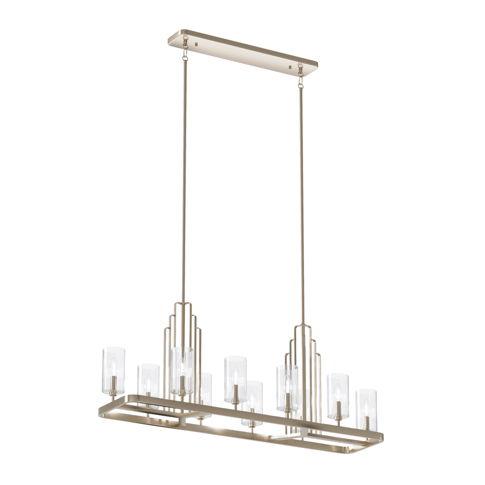 Kimrose 10 Light Linear Chandelier with Clear Fluted Glass in Polished Nickel and Satin Nickel