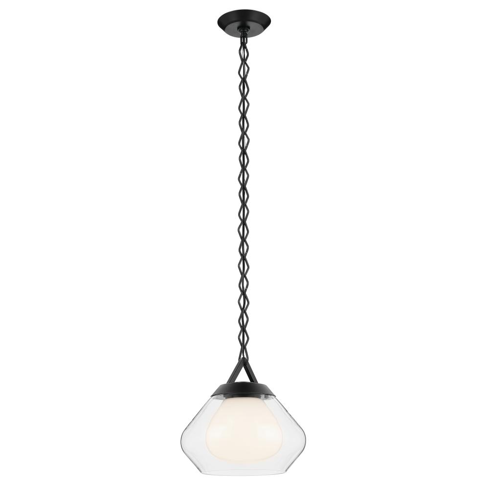 Nella 12 Inch 1 Light Pendant with Clear Outer Glass with Opal Interior Glass in Black