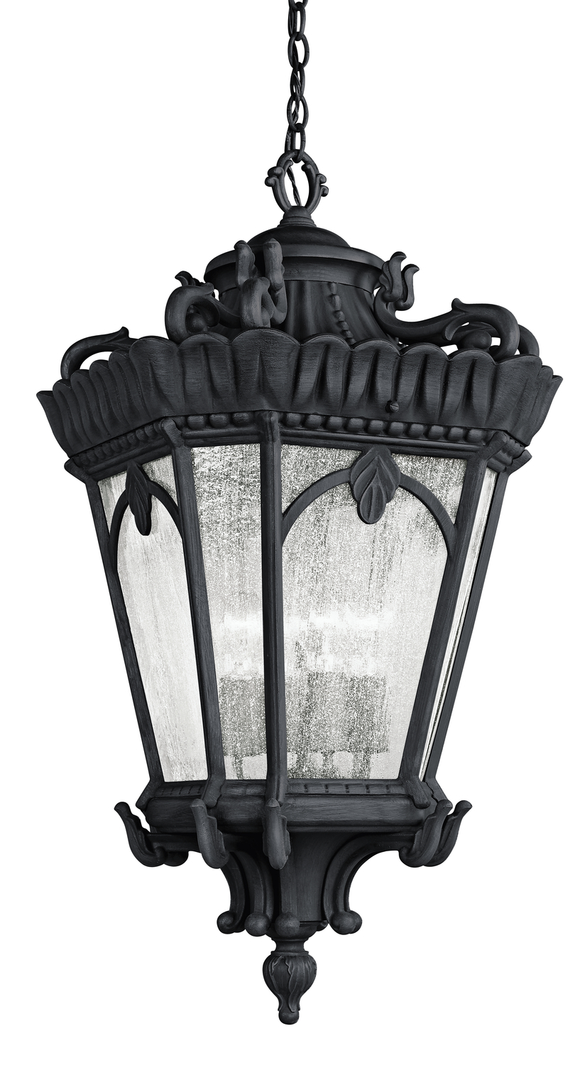 Tournai 33.5" 4 Light Outdoor Pendant Light with Clear Seeded Glass in Textured Black