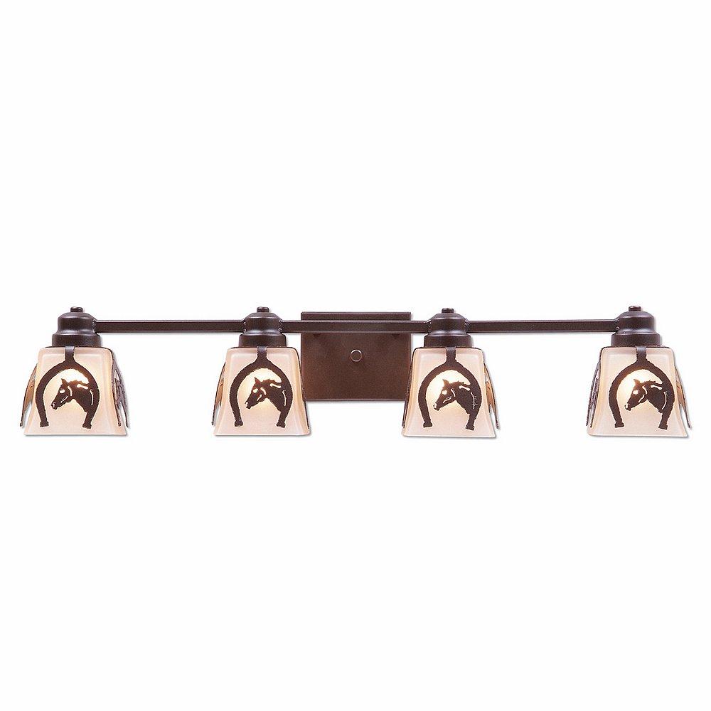 Woodland Quad Bath Vanity Light - Horse Horseshoe - Tea Stain Glass Bowl