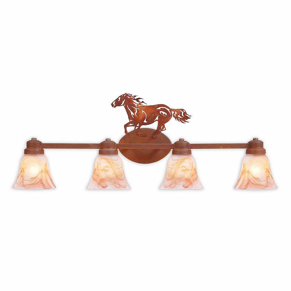 Sienna Quad Bath Vanity Light - Horse - Marbled Amber Swirl Bell Glass - Rust Patina Finish