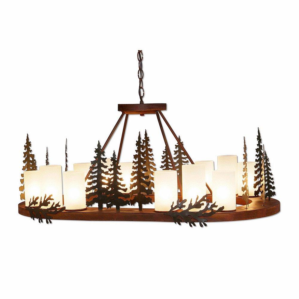 Wisley Chandelier Oval - Cedar Tree - Frosted Glass Bowl - Cedar Green-Rust Patina base Finish