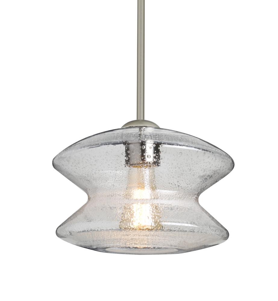 Besa, Zen Stem Pendant, Clear Bubble, Satin Nickel Finish, 1x8W LED Filament