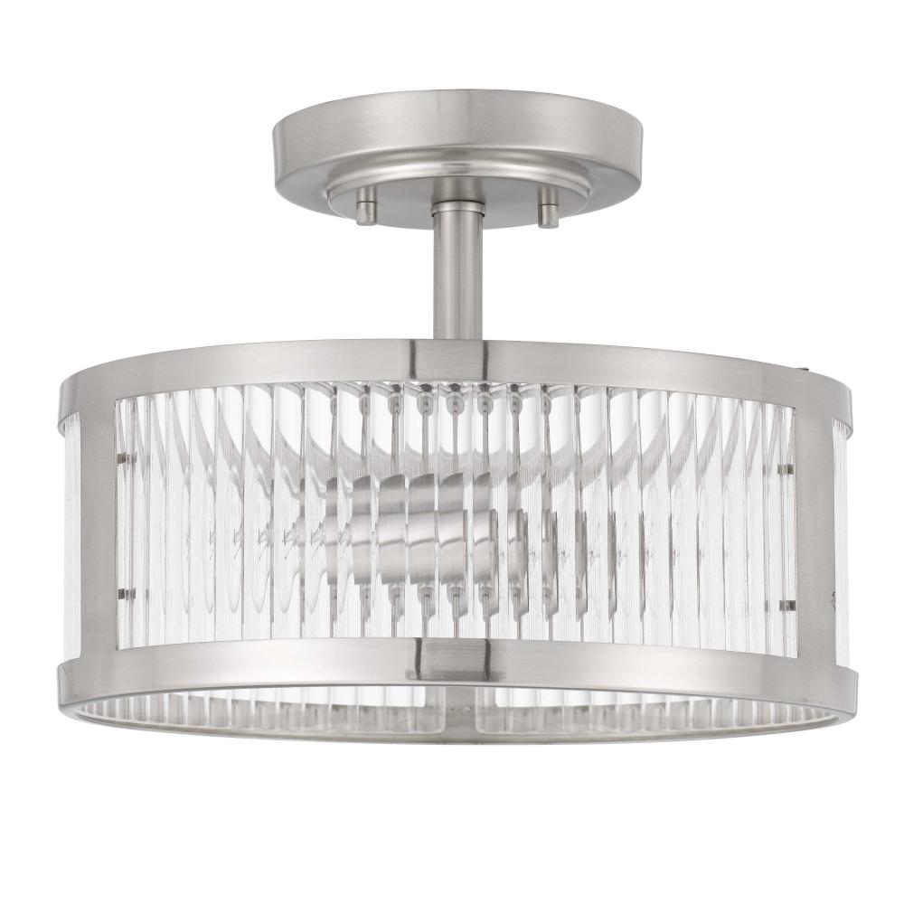 Toluca 2-Light Brushed Nickel Finish Clear Ribbed Glass Semi-Flush Mount 11.8“ X 11.8” X 9“