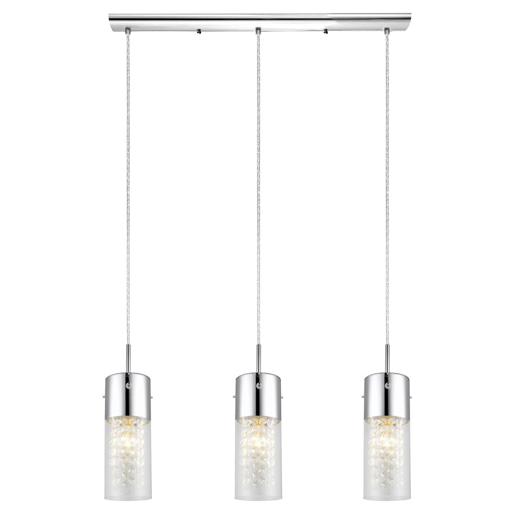 3 LT Linear Pendant w/ Chrome Finish & Clear Glass Shades Surrounding Crystal Strands