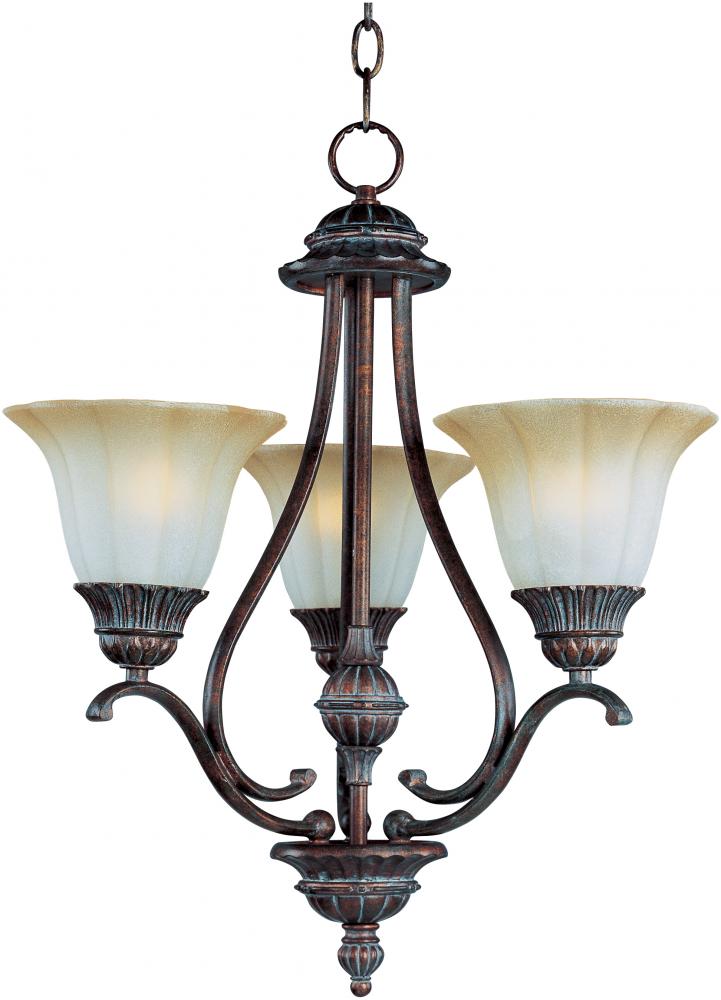 Three Light Greek Bronze Amber Vanilla Glass Up Mini Chandelier