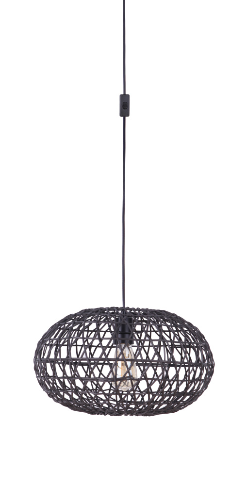 Portable Swag Pendant w/ 16.5"W Rattan Shade in Flat Black