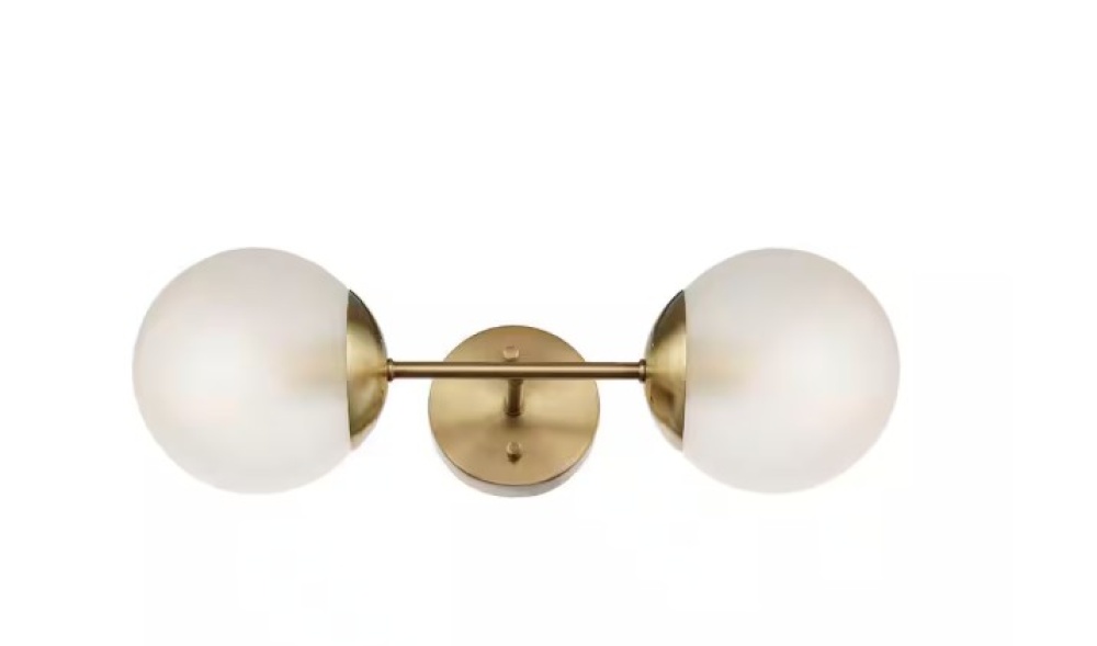 Celestia 19.5 in. 2-Light Matte Brass Wall Sconce Light with Frosted Glass Shades for Indoor Use