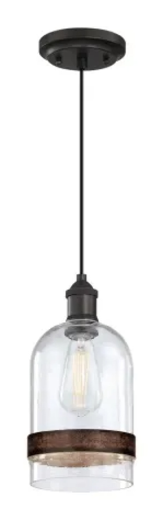 Mini Pendant Black-Bronze Finish Clear Seeded Glass with Barnwood Band