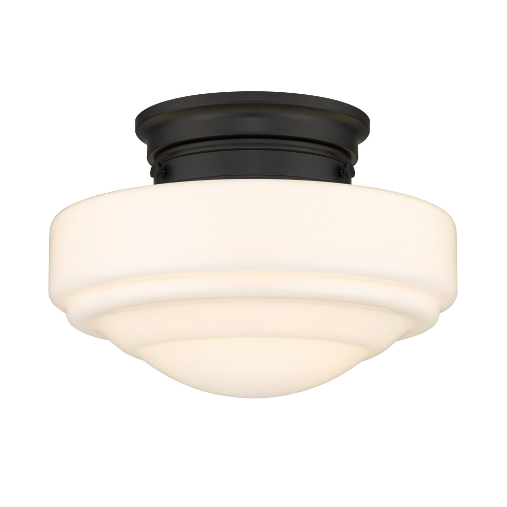 Golden Lighting Ingalls 1-light 12in Semi-Flush Mount in Matte Black and Vintage Milk Glass