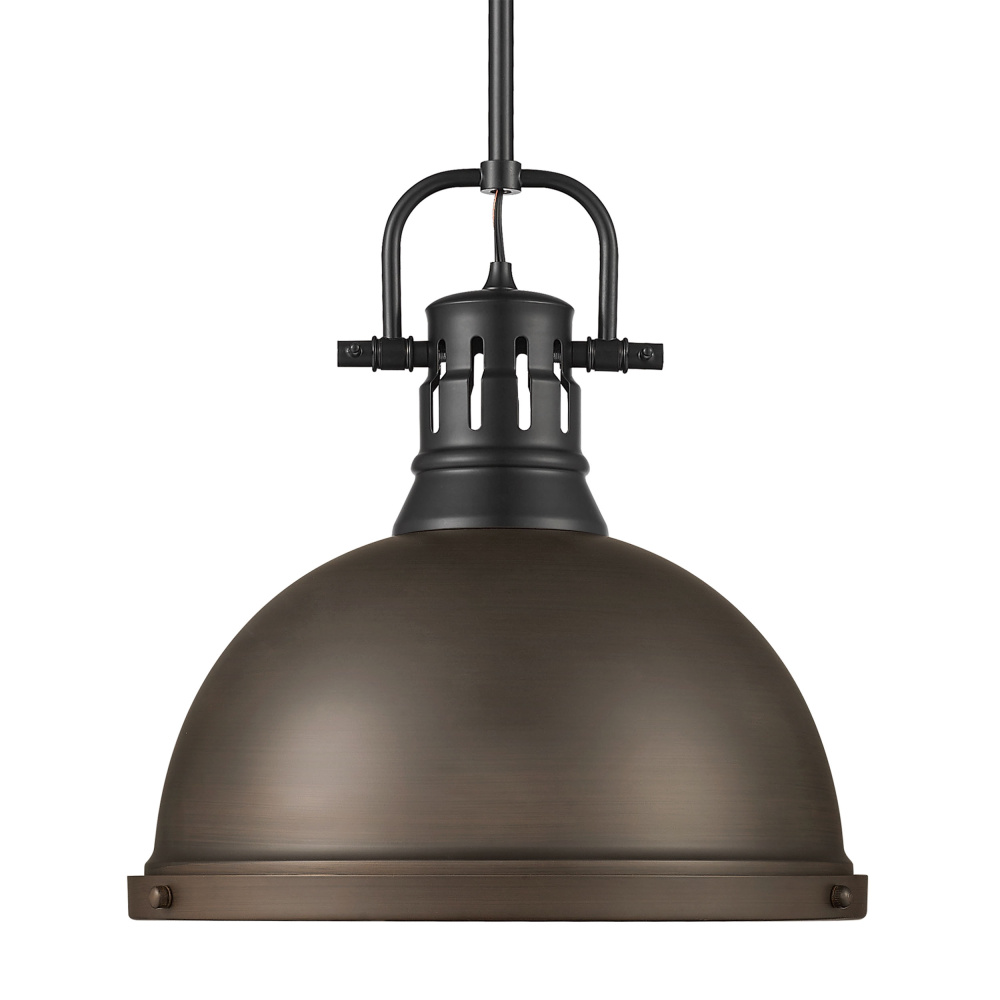 Yep by Golden Lighting Duncan 1-light 14in Rod Hung Pendant in Matte Black and Rubbed Bronze shade