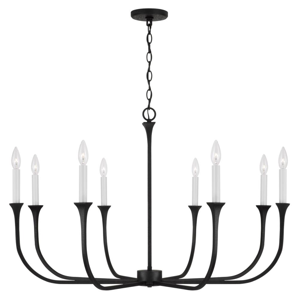 8-Light Chandelier in Black Iron with Interchangeable White or Black Iron Candle Sleeves