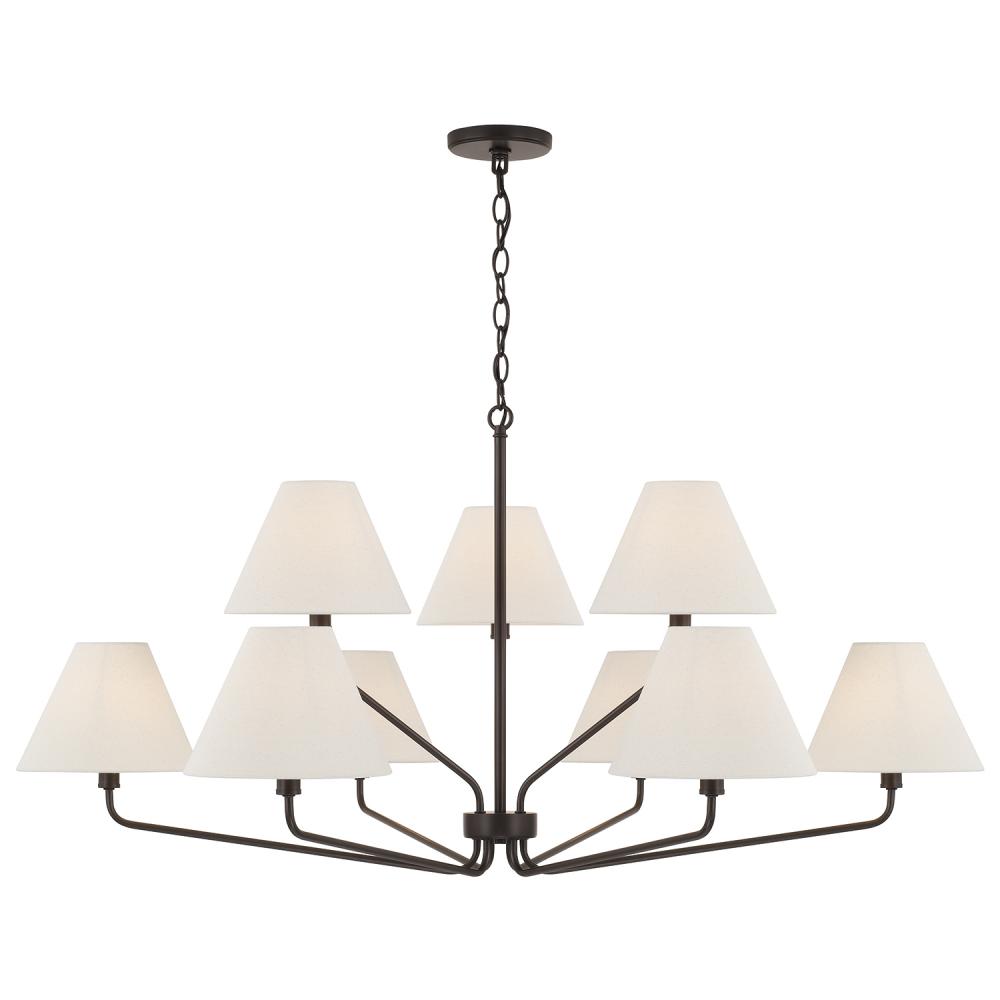 9-Light Angular Two-Tier Chandelier in Espresso with Tapered Soft Tan Fabric Shades