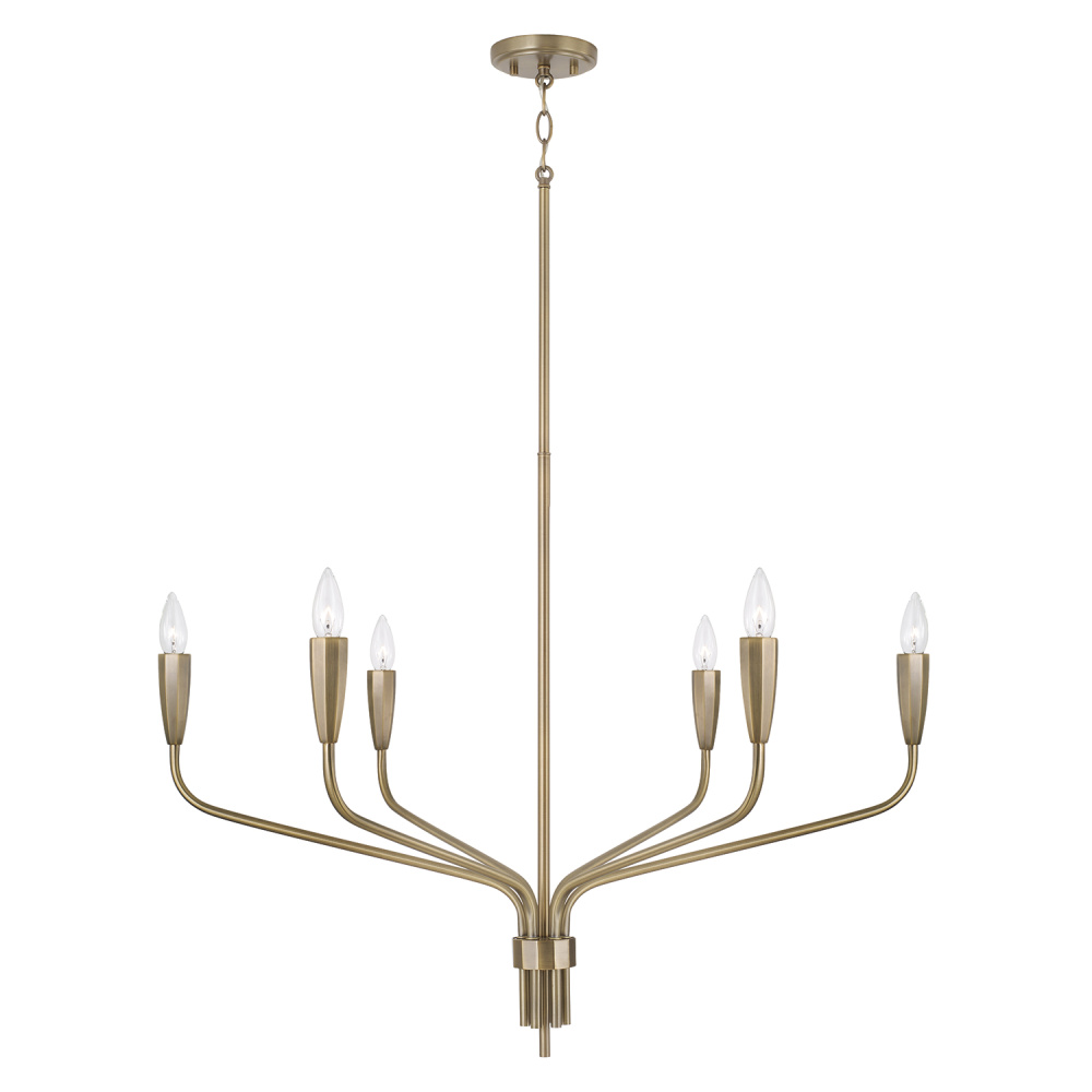 34.5" W x 25.25" H 6-Light Chandelier in Antiqued Brass with Botanical Arm Silhouette