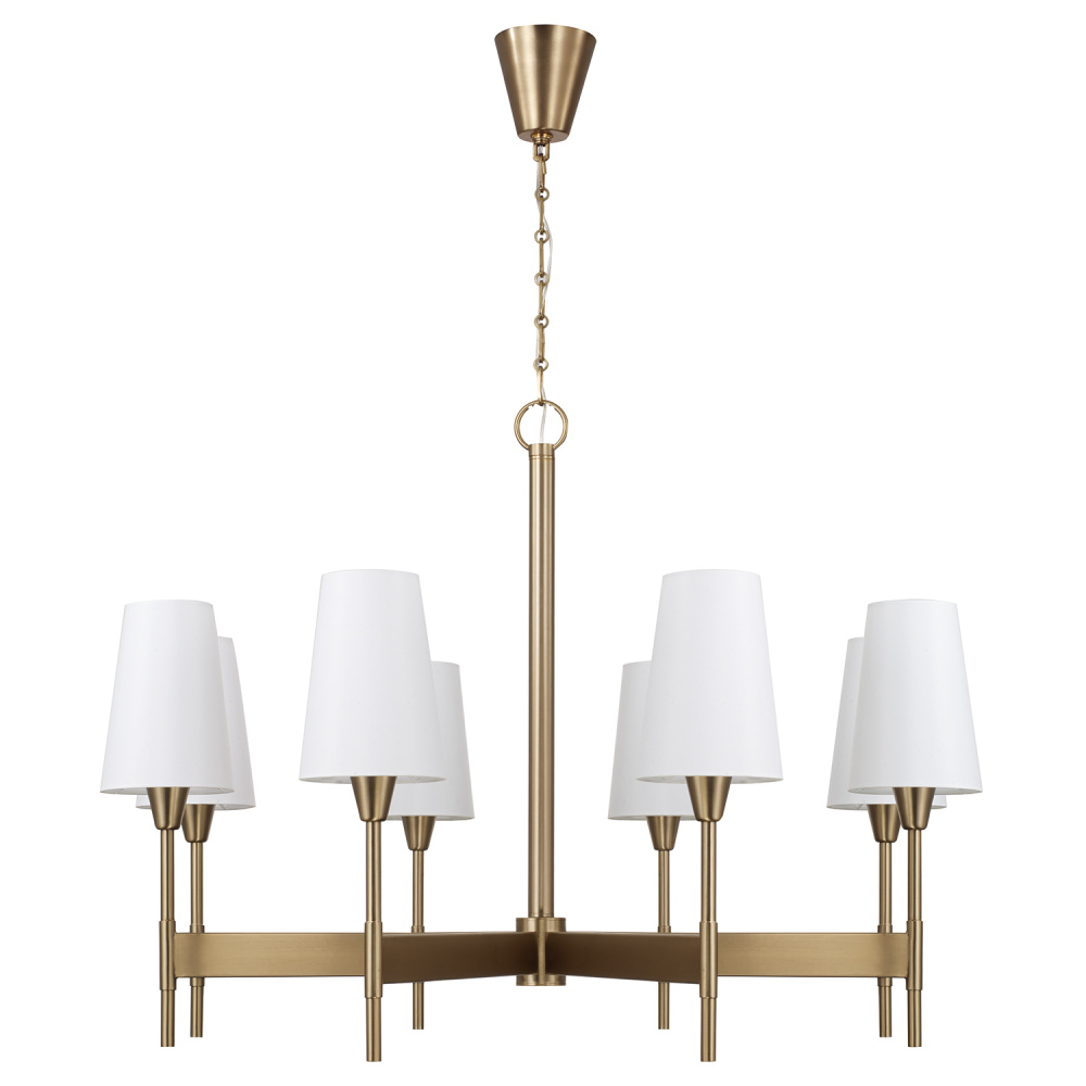 42" W x 21" H 8-Light Chandelier in Aged Brass with White Fabric Shades and Designer Canopy