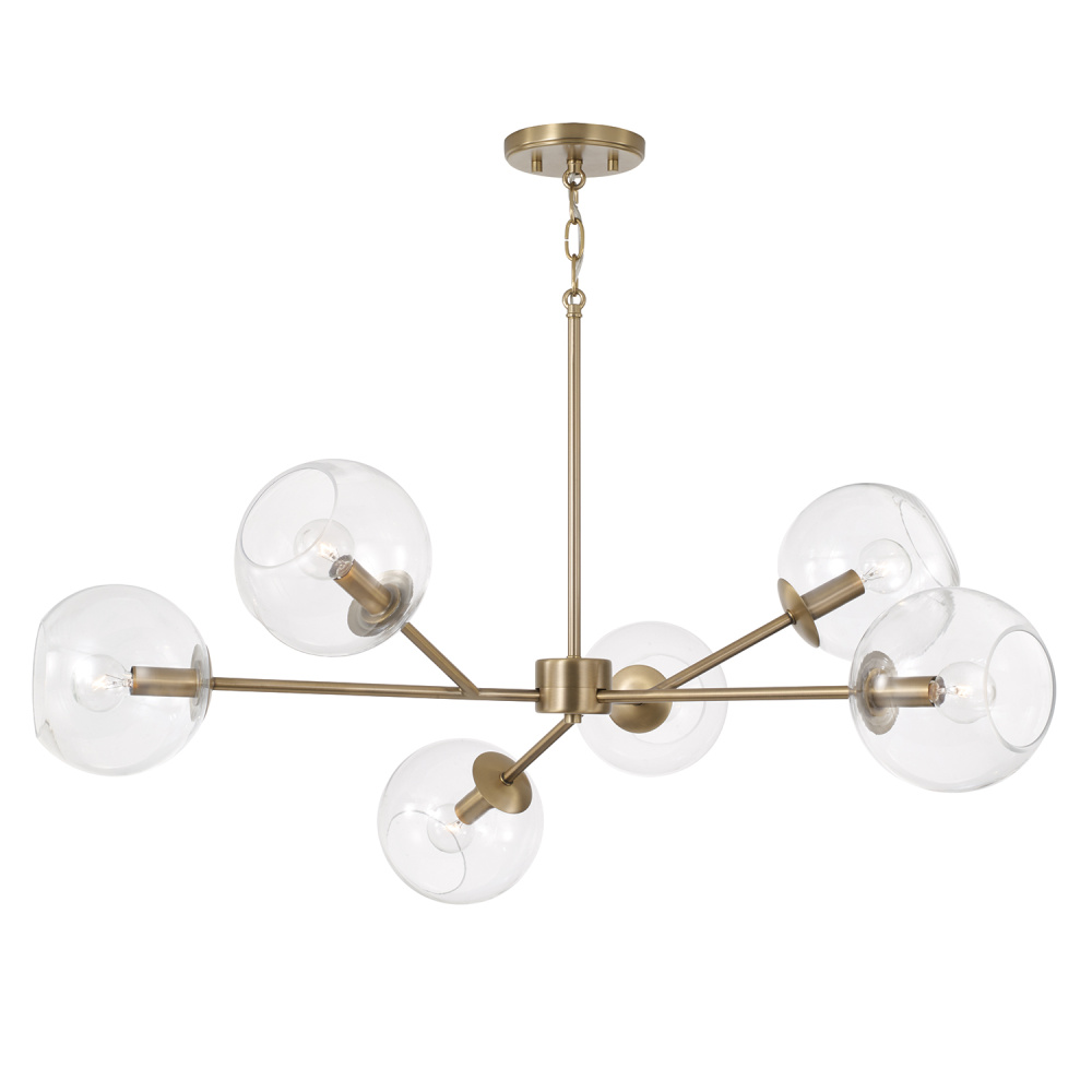 38" W x 14" H 6-Light Sputnik Chandelier in Aged Brass with Clear Glass Globes