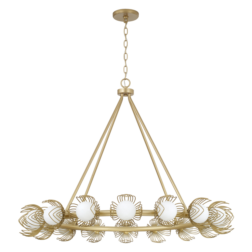 39" W x 30" H 16-LT Chandelier in Buffed Gold w/ Bent Wire Flower Petals & Soft White Glass