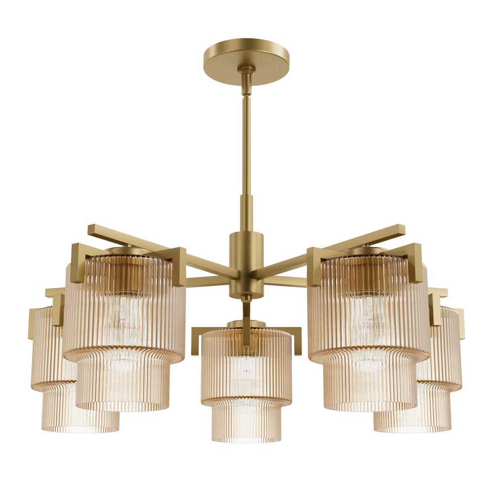 Hunter Ontario Luxe Gold with Amber Glass 5 Light Chandelier Ceiling Light Fixture