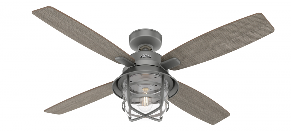 Hunter 52 inch Port Royale Matte Silver Damp Rated Ceiling Fan with LED Lt Kit and Handheld Remote