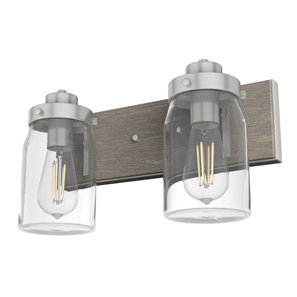 Hunter Devon Park Brushed Nickel and Grey Wood with Clear Glass 2 Lt Bathroom Vanity Wall Lt Fixture
