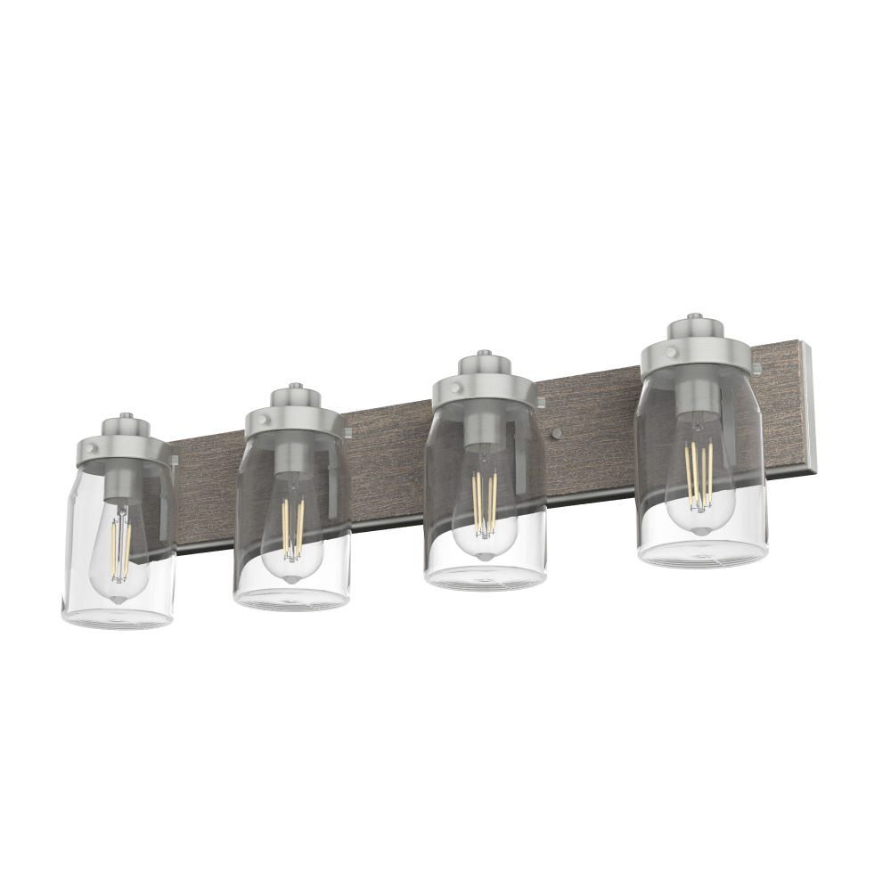 Hunter Devon Park Brushed Nickel and Grey Wood with Clear Glass 4 Lt Bathroom Vanity Wall Lt Fixture