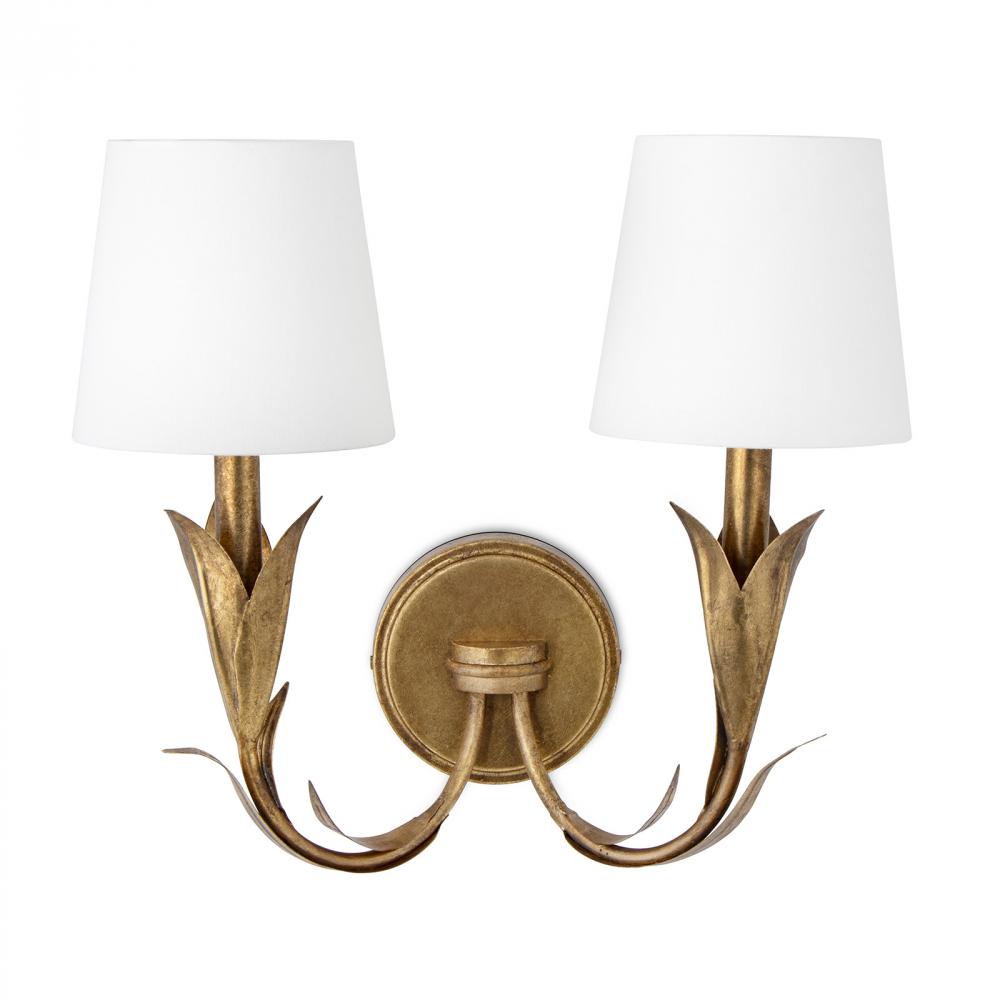 Regina Andrew River Reed Sconce Double (Antique Gold Leaf with Natural Linen Shade)
