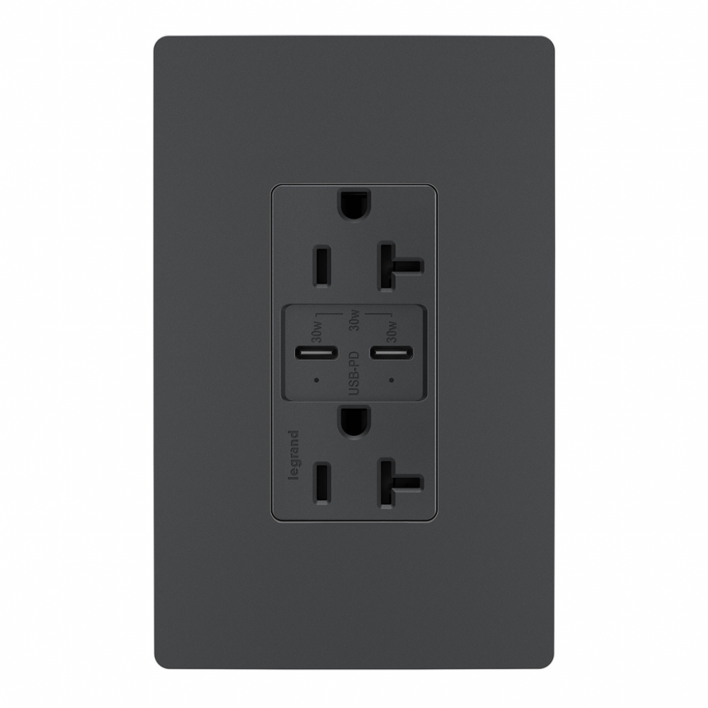 radiant 20A Tamper Resistant Ultra Fast PLUS Power Delivery USB Type C/C Outlet, Graphite