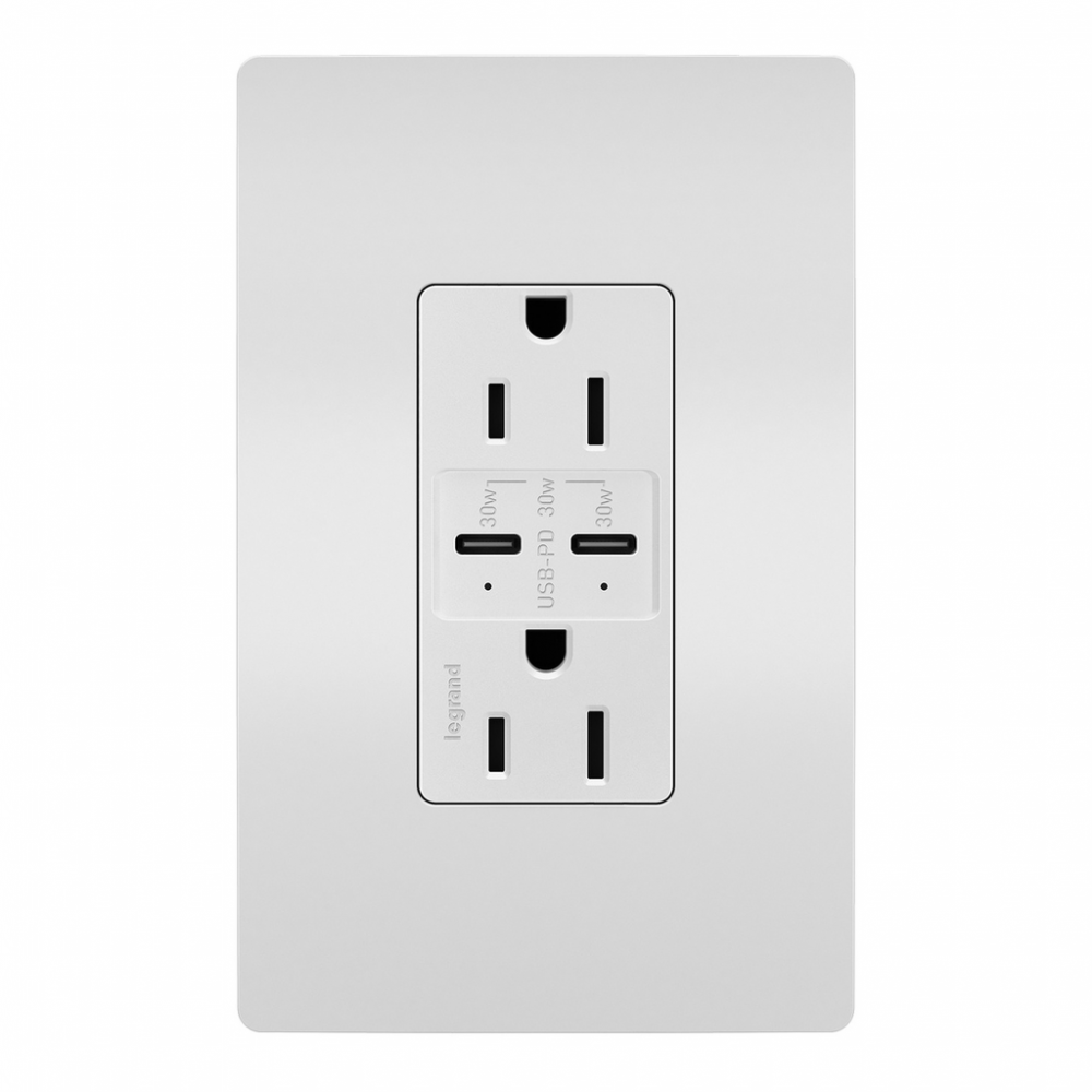 radiant 15A Tamper Resistant Ultra Fast PLUS Power Delivery USB Type C/C Outlet, White