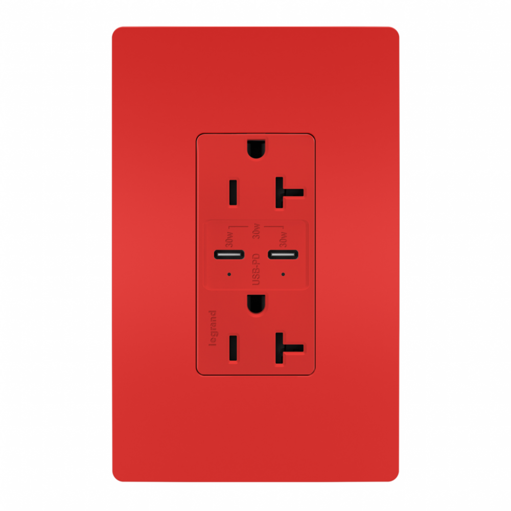 radiant 20A Tamper Resistant Ultra Fast PLUS Power Delivery USB Type C/C Outlet, Red