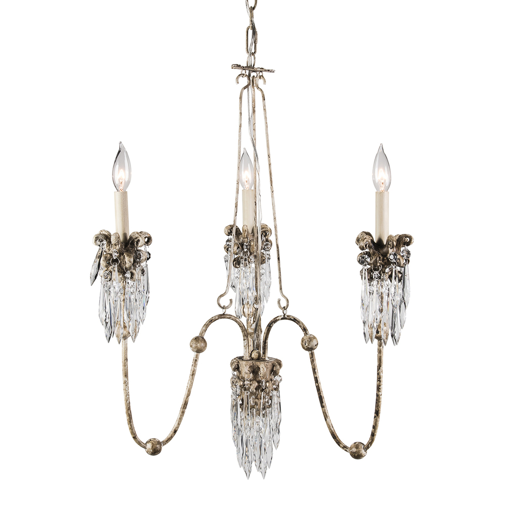 Venetian 3 Light Mini Chandelier in Distressed White Bronze and Crystal