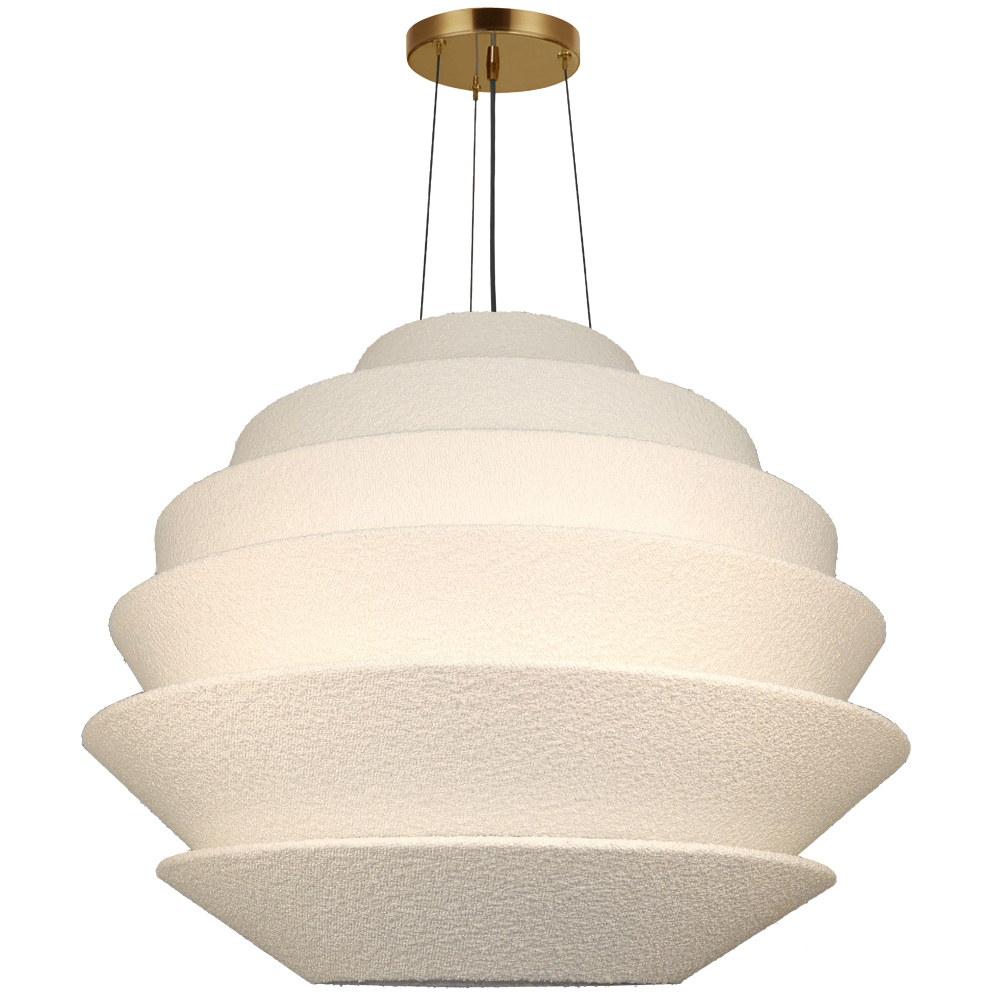 9 Light Incandescent Aged Brass Pendant with White Boucle Fabric Shade