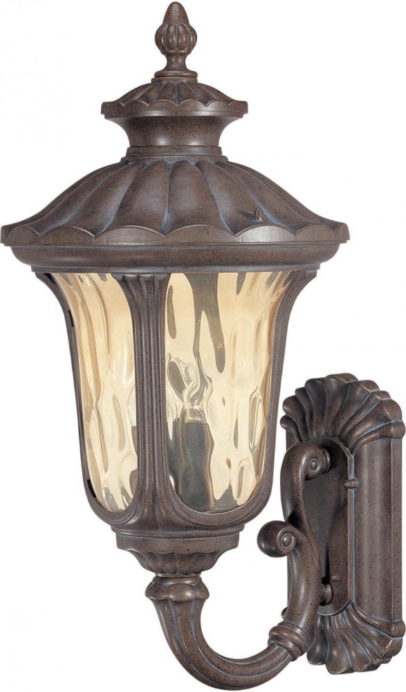 3-Light Large Outdoor Wall Lantern (Arm Up) in Fruitwood Finish and Amber Water Glass