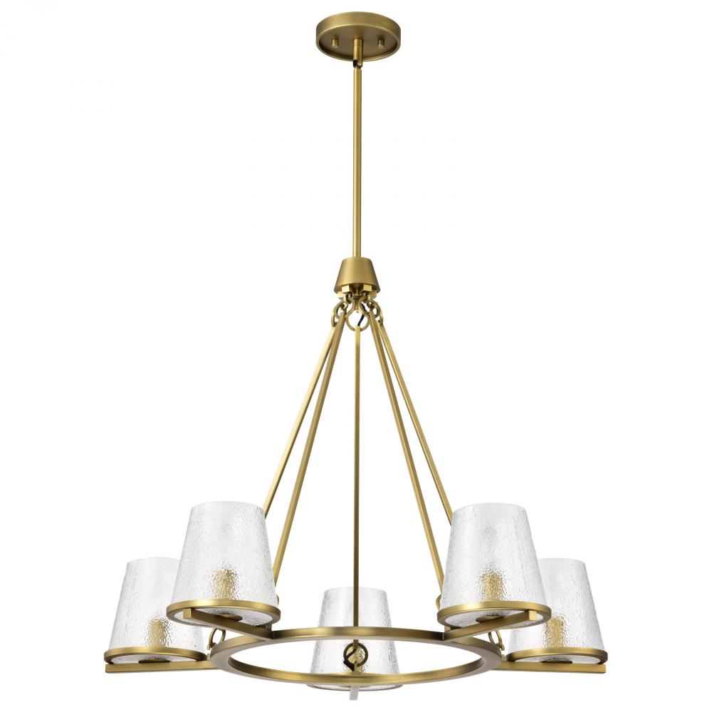 Valentine; 5 Light Chandelier; Vintage Brass Finish; Hammered Glass