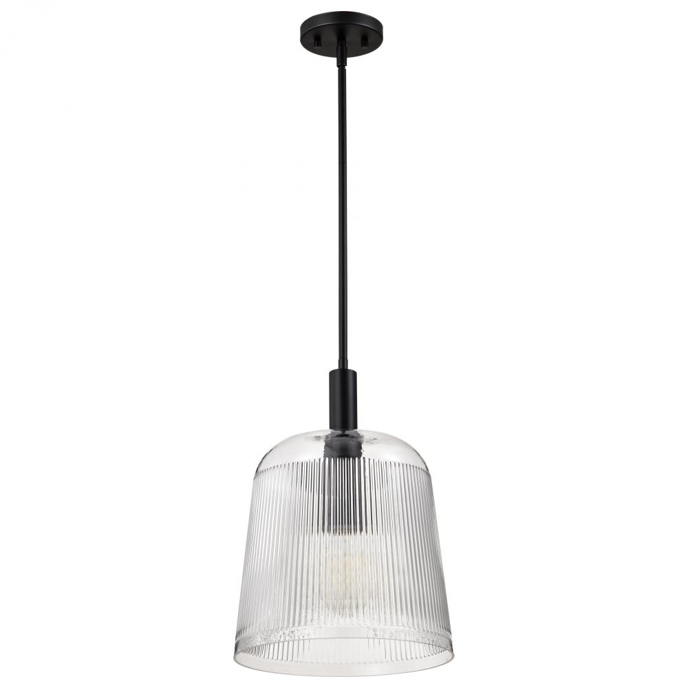 Grayson; Large Pendant; Matte Black Finish; Clear Ribbed Glass