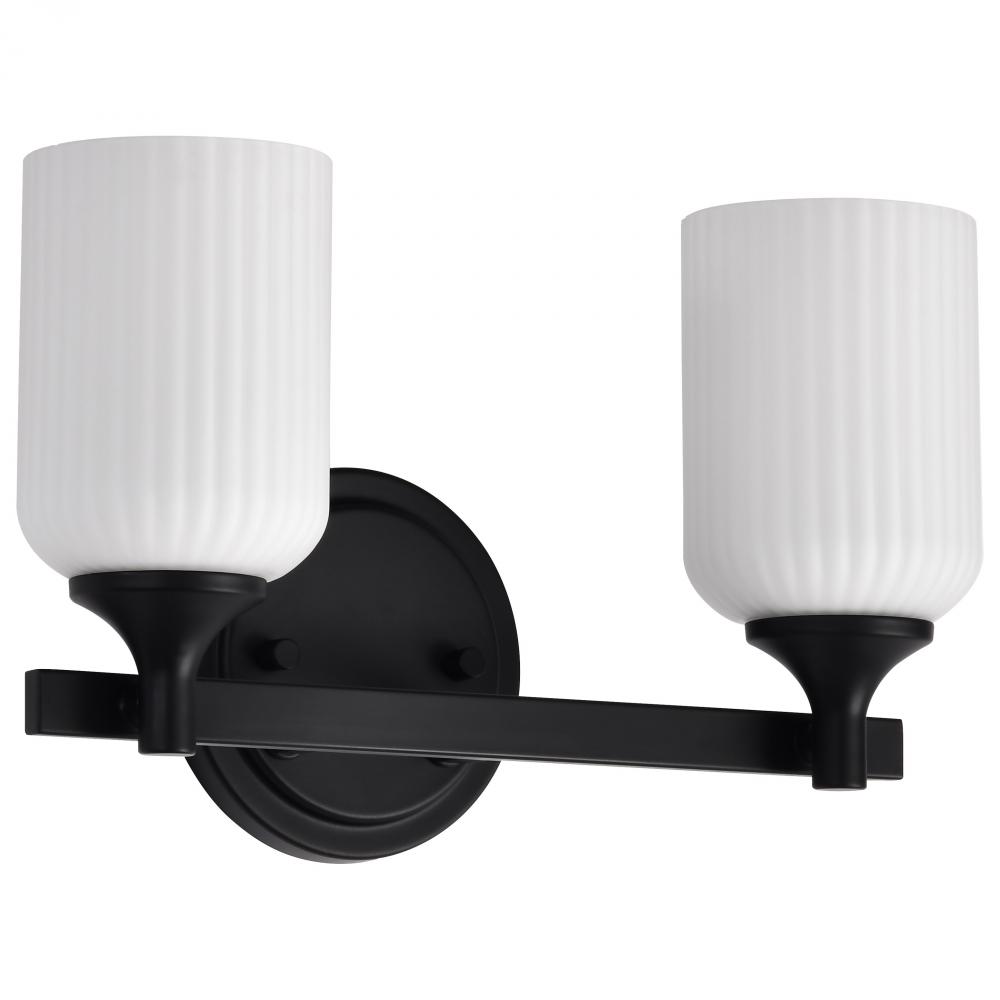 Solara; 2 Light Vanity; Matte Black Finish; Frosted Ribbed Glass