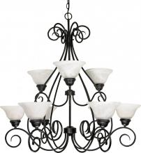 NUVO 60/379 - 2-Tier 9-Light Textured Flat Black Chandelier with Alabaster Swirl Glass