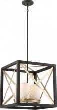 NUVO 60/6134 - Boxer - 4 Light Pendant with Satin White Glass - Matte Black Finish with Antique Silver Accents