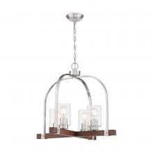 NUVO 60/6966 - Arabel - 4 Light Chandelier - with Clear Seeded Glass - Brushed Nickel and Nutmeg Wood Finish
