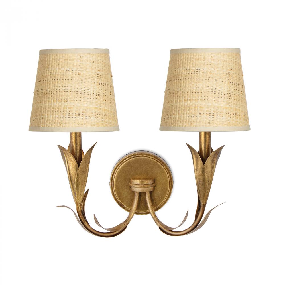 Regina Andrew River Reed Sconce Double (Antique Gold Leaf with Rattan Shade)
